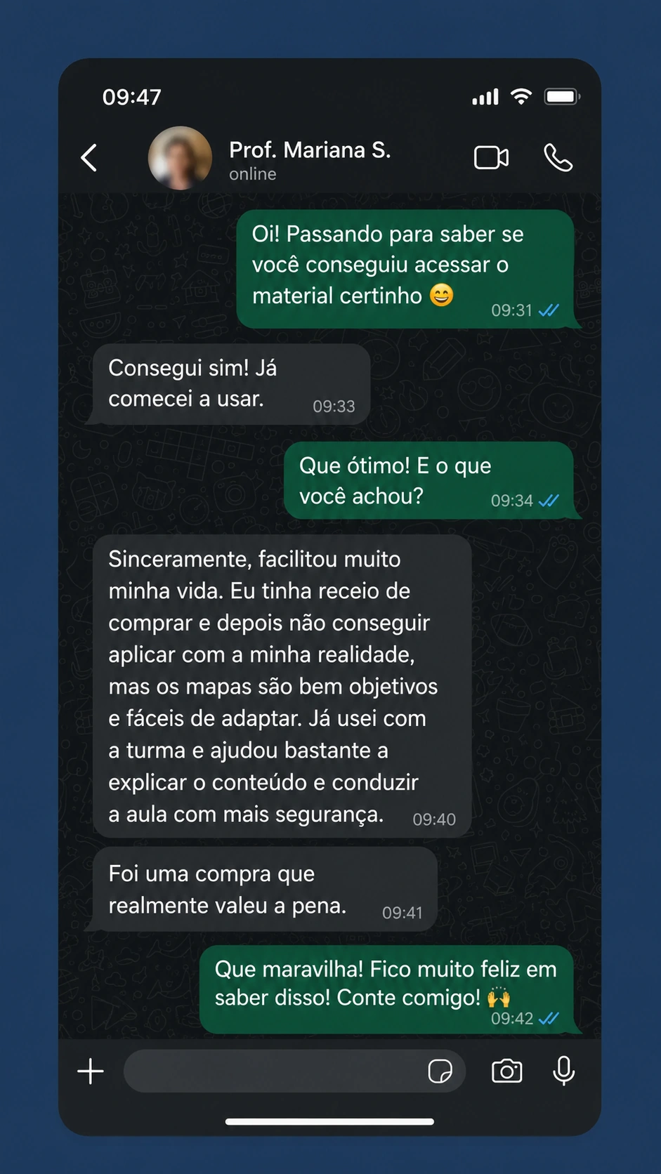 Depoimento em mensagem no WhatsApp